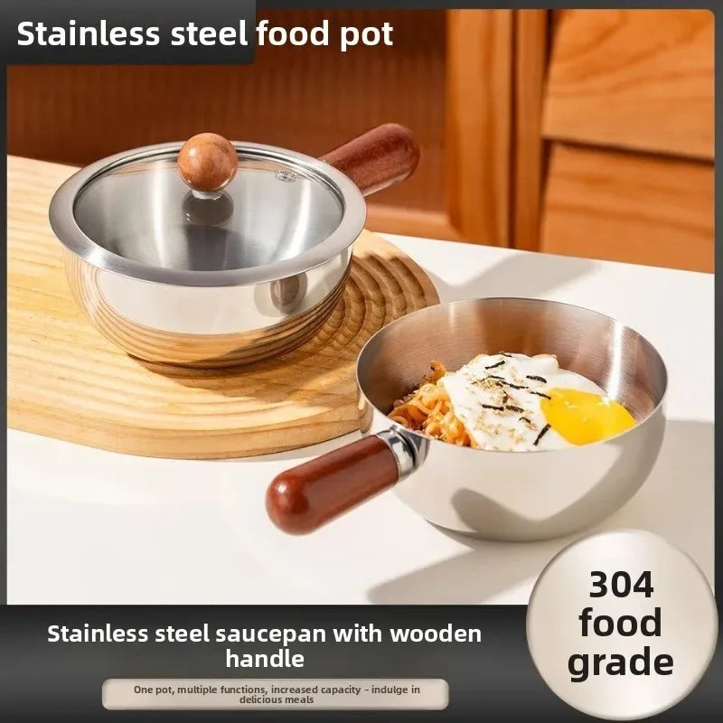 New 14cm Mini Pot for Camping Dorm Kitchen Stainless Steel Saucepan with Wood Handle, Portable Cookware