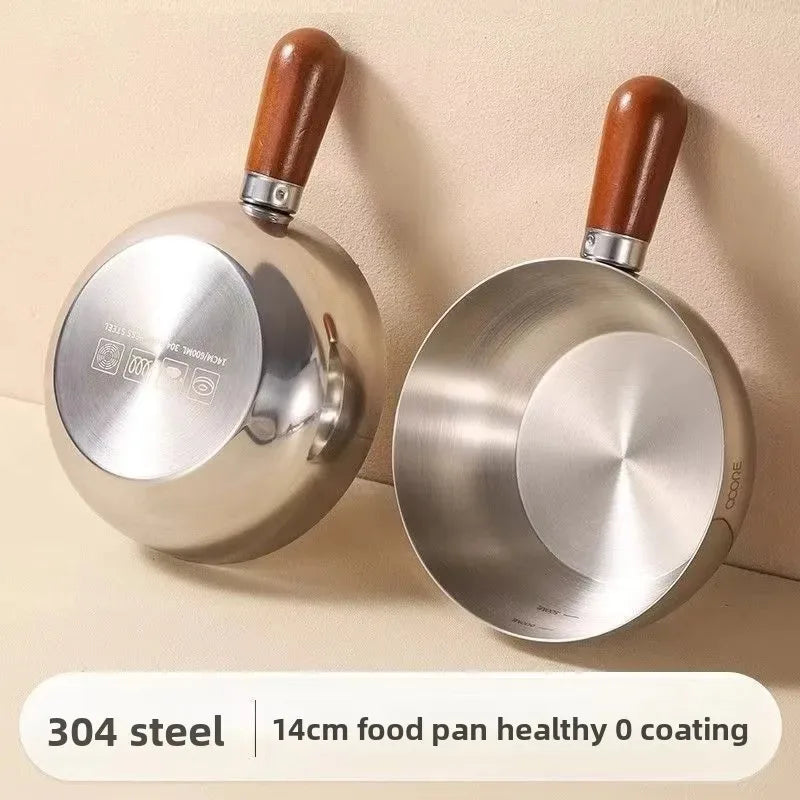 New 14cm Mini Pot for Camping Dorm Kitchen Stainless Steel Saucepan with Wood Handle, Portable Cookware