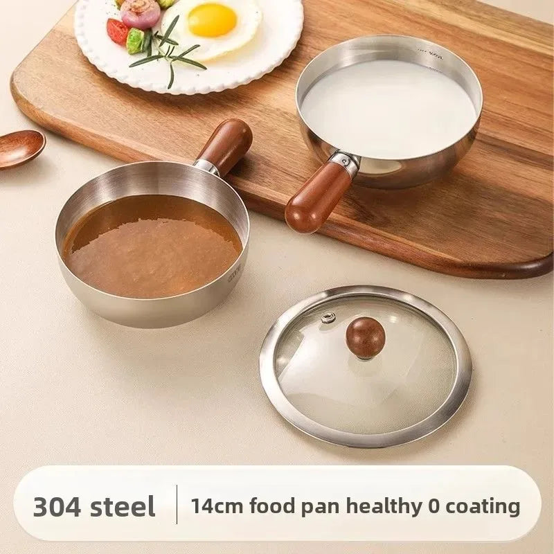 New 14cm Mini Pot for Camping Dorm Kitchen Stainless Steel Saucepan with Wood Handle, Portable Cookware
