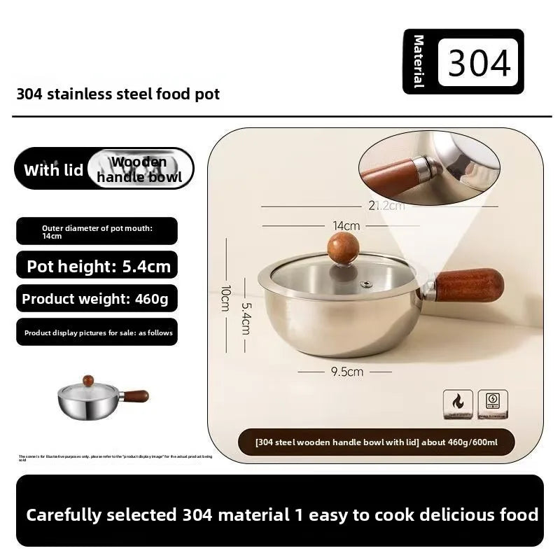 New 14cm Mini Pot for Camping Dorm Kitchen Stainless Steel Saucepan with Wood Handle, Portable Cookware