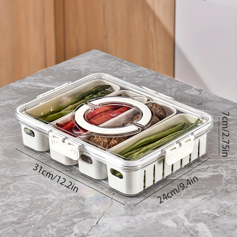 Divided Rotating Serving Tray with Lid and Handle, Portable Snackle Box for Fruits Snacks Veggie Charcuterie, Clear Snack Spinne