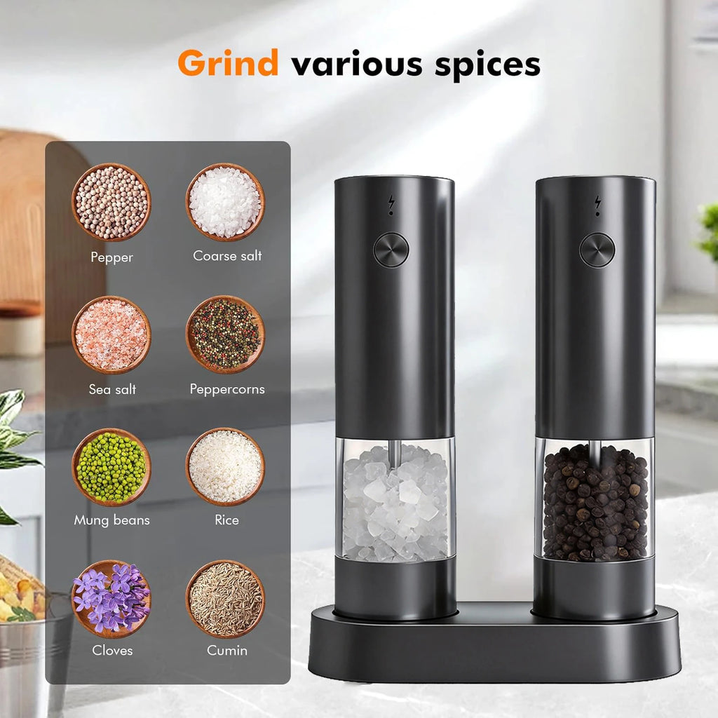 Electric Salt and Pepper Grinder Set USB Rechargeable Electric Adjustable Coarseness Pepper Grinder Mills with Storage Base