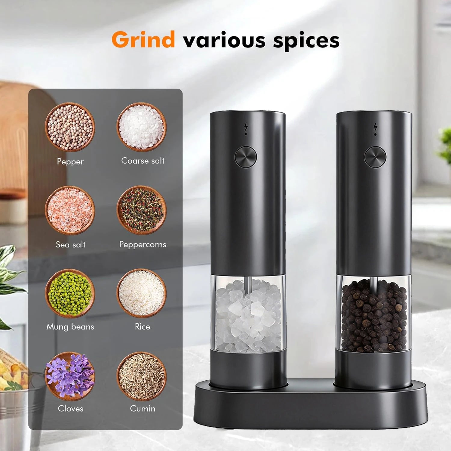 Electric Salt and Pepper Grinder Set USB Rechargeable Electric Adjustable Coarseness Pepper Grinder Mills with Storage Base