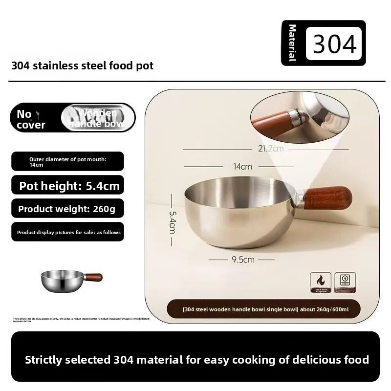New 14cm Mini Pot for Camping Dorm Kitchen Stainless Steel Saucepan with Wood Handle, Portable Cookware